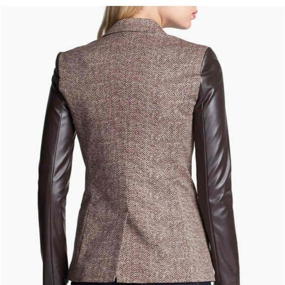 Michael Kors Women Jacket Brown Faux Leather Sleeve Tweed Size 4 - Picture 3 of 12